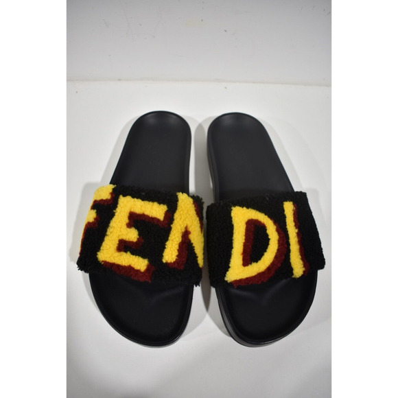 Fendi Mens Shearling Fur Logo Yellow Red Black Flat Slide Sandal Flip Flop 7 - Picture 8 of 12